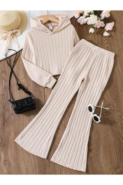 MORNİNG KİDS Σετ κοριτσίστικο μπεζ πλεκτό υφασμάτινο φούτερ με κουκούλα-ισπανικό παντελόνι με φαρδύ πόδι