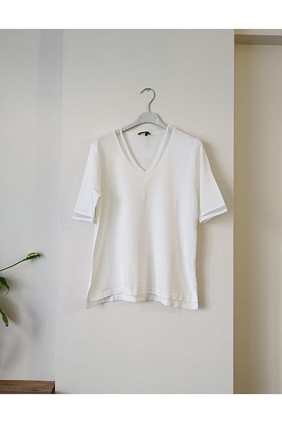 Butik Şans Jm Short Sleeve V Neck Tulle Detailed Knitwear Blouse