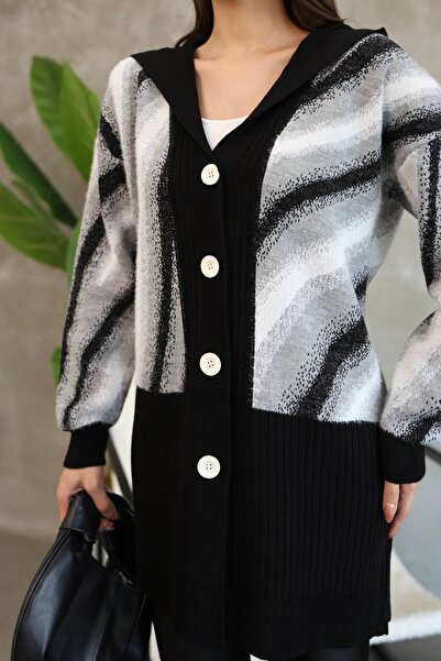 ALCHON V-Neck Hooded Buttoned Furry Long Sleeve Crumpled Pattern Color Gradient Winter Midi Length Knitwear Cardigan