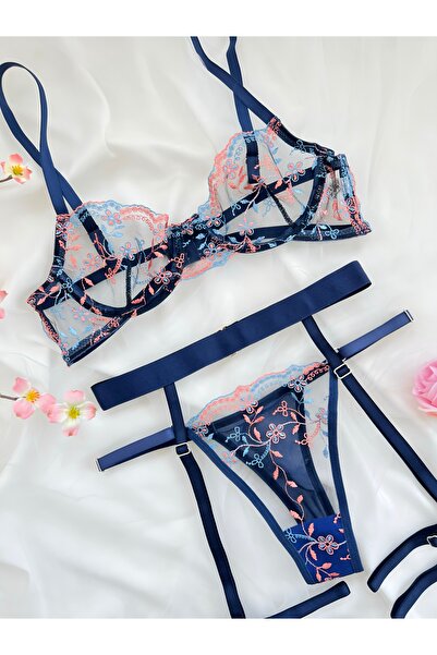 kiari Σετ εσωρούχων με μπλε ναυτικό χρώμα, χωρίς καπάκι, με λουράκια και ζώνη, 3 τεμάχια