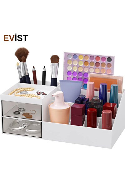 EVİST Evist- 2 درج + 12 حجرة ) منظم مكياج ومجوهرات بلاستيك (12×24 سم)