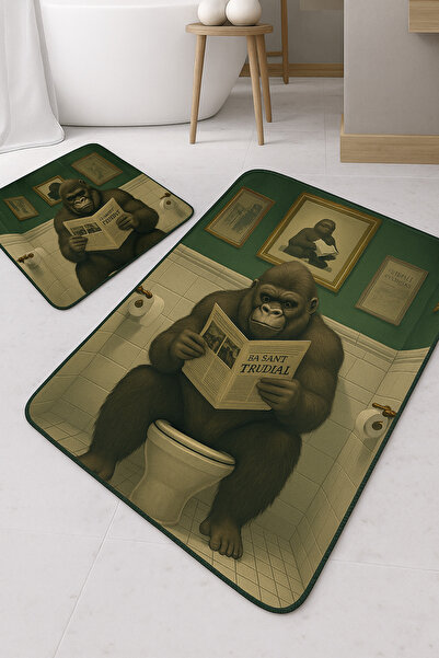 Harikabirev HARİKABİREV|BANYO VE TUVALET PASPASI GAZETE OKUYAN GORİL MOTİFİ MODERN TASARIM|PASPAS