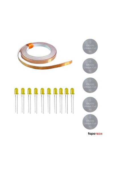 Fapatech Bakır Folyo İletken Bant ,Cr2032 Lityum Pil ,5mm Sarı LED Seti – Kağıttan Devre Kit