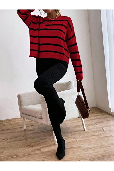 Dier Moda Women's Single Plate White Striped Knitwear Sweater, Striped Sweater Fmoda1500