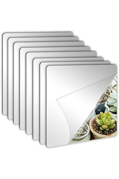 eZmart Set 8 Oglinzi Decorative Acrilice Autoadezive, Model Patrat, Argintiu, 15x15 cm,