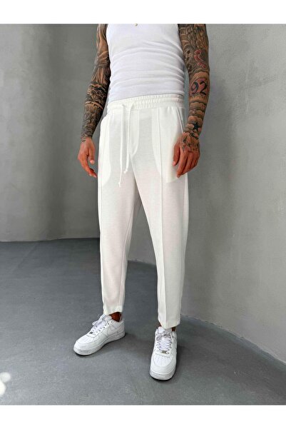 KağanKY Παντελόνι Boyfriend από λευκό ύφασμα βάφλα