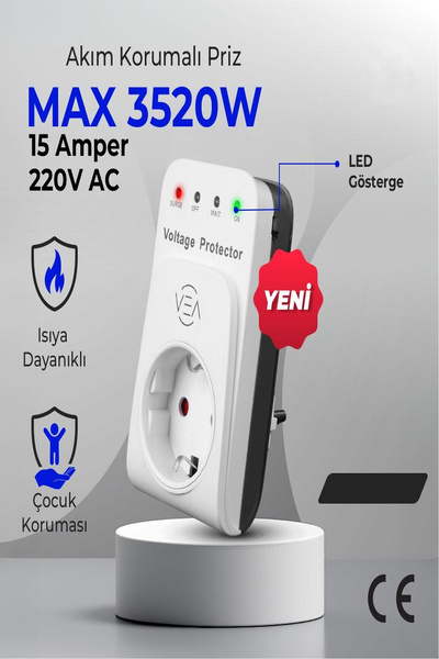 Ecuy 15A 3520W Akım Korumalı Tekli Priz Aşırı Yüksek Gerilim Koruma Dijital G...