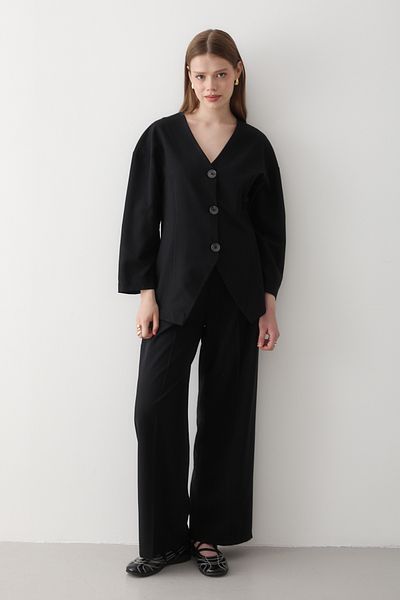 JASTE Women's Black V Neck Button Jacket & Elastic Waist Pants Bottom & Top Set