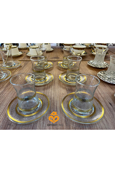 ÇEYİZCİ ÇARŞI ARADIĞIN HERŞEY TEK TIKLA 12 Parça Gold Detaylı Cam Çay Seti – Şık ve İşlemeli Çay Takımı