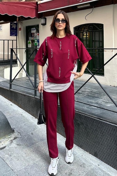 Ded COLLECTION Women's Pearl Embroidery Striped Shirt Detailed Round Neck Short Sleeve Modal Suit