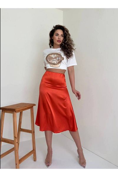 FioriModa Elastic Waist Midi Length Satin Skirt