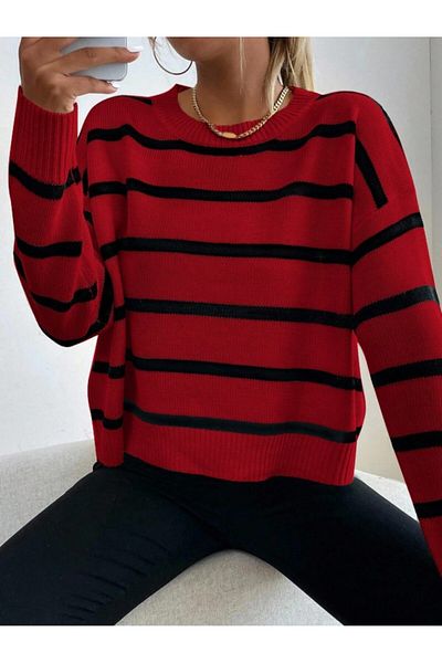 Dier Moda Women's Single Plate White Striped Knitwear Sweater, Striped Sweater Fmoda1500