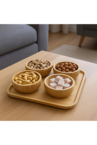 İnterlife Original Bamboo Set of 4 Round Snack Bowl with Stand Presentation B...