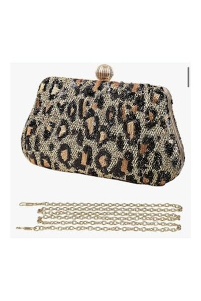 One Derya Clutch Bag for Occasions with Sequins, Leopard Pattern, Vintage Elegant Design, Gold