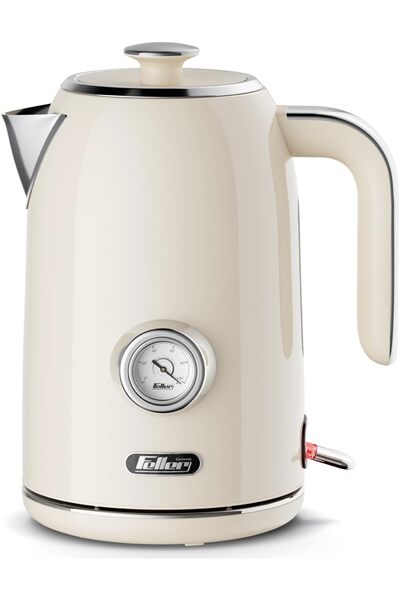 FELLER Germany, Retro Style 1.7L Kettle with Thermometer, 2200 W, Stainless Steel Body, STRIX Contro