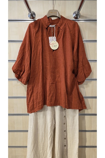Park Moda Italian Linen Blouse Gathered V Neck
