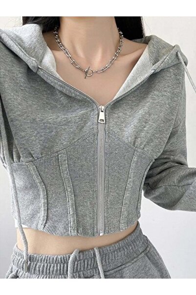 Gofeel Gri Korse Kesim Uzun Kollu Kapüşonlu Gri Bol Kesim Relaxed Eşofman Takımı