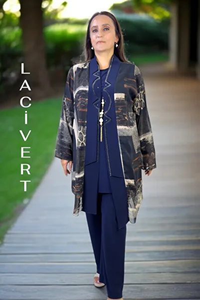 yagmurberen Stone Embroidered Shawl Collar Cut Chifon Jacket Cycling Collar Short Sleeve Bluse Waist Elastic Pants 3-Piece Set