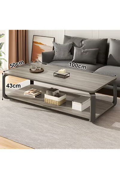 Taimi Modern Wooden Coffee Table with Double Layer Storage Space & Metal Legs, Grey - 100L x 50W x 43H cm