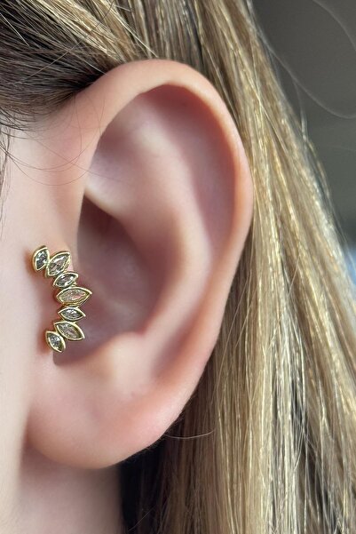 TAKIŞTIR Altın Renk Taş Detaylı Çelik Tragus/Kıkırdak Küpe/Piercing (Tek)