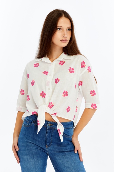 CHOS7N Women's Floral Patterned Tie-Up Short Sleeve Shirt – Summer Light Fabric White