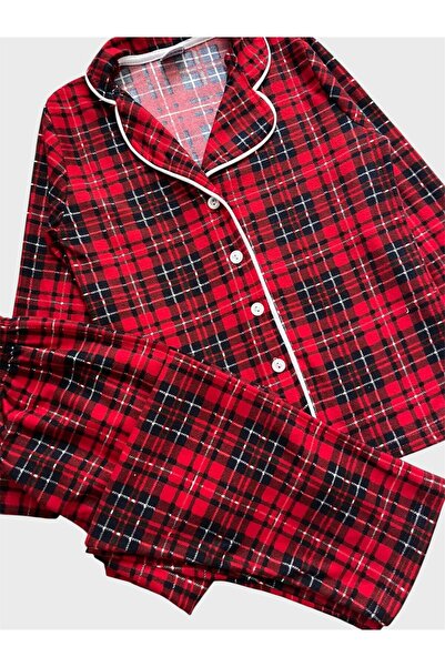 tusem butik homewear Erkek Çocuk Pamuklu Süet Kumaş Kırmızı Ekose Desenli Gömlek Yaka Düğmeli Uyku Bantlı Pijama Takımı