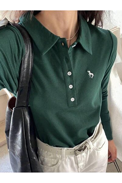 Gofeel Yeşil Tek Boynuzlu At Baskılı Polo Yaka Düğmeli Uzun Kol Tshirt