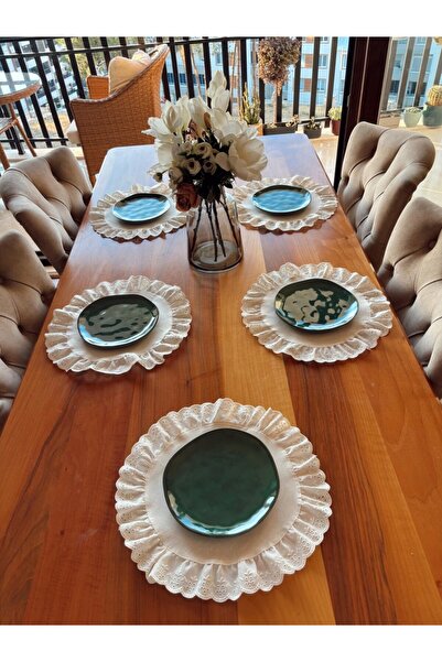 NURGİTA HOME Nurgita Home Natürel Ham Keten Fisto Fırfırlı Supla Takımı Amerikan Servis 6 Adet