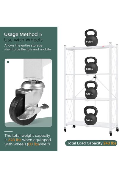 1st Kitchen Storage Shelves with Wheels, 4 Shelves - White