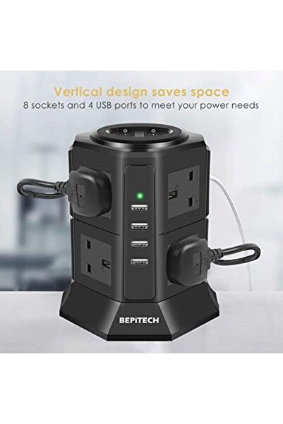 BEPITECH 12-in-1 Power Tower Extension Cord with 3M Cable, 8 UK-UAE Sockets, 4 USB-A 22W Charging Po