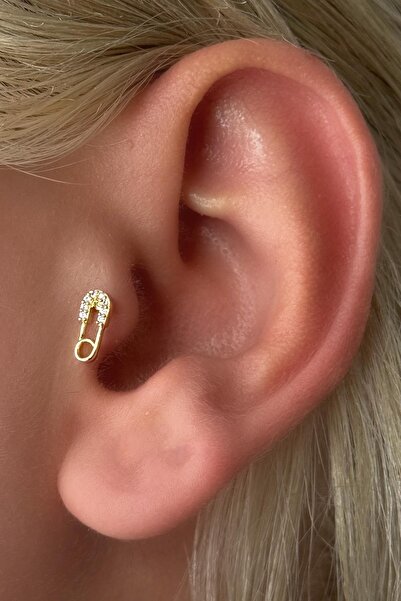TAKIŞTIR Altın Renk İğne Figürlü Taş Detaylı Çelik Tragus/Kıkırdak Küpe/Piercing (Tek)
