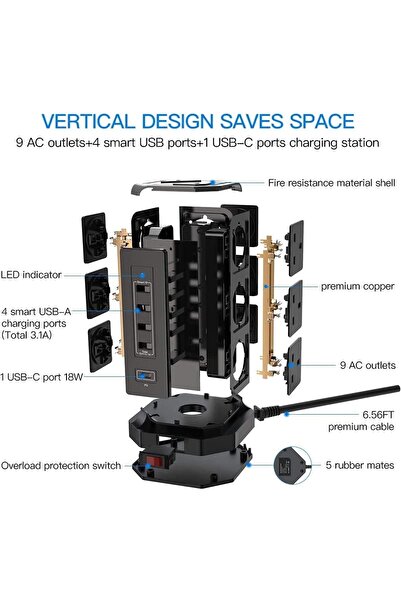 BEPITECH برج طاقة 14 في 1، 9 منافذ، PD 18 واط USB-C و4 منافذ USB، سلك 2 متر