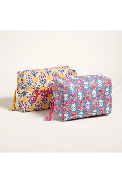 Zsa Zsa Zsu Delhı Nakışlı El Baskısı Pamuk Makyaj Çantası 21x14 Cm Mavi