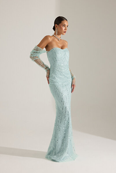 BETTY & SAM Lineta Boncuk Turkuaz Gece Elbisesi
