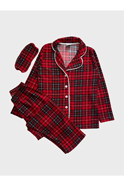 tusem butik homewear Girls' Cotton Suede Fabric Red Plaid Patterned Shirt Collar Buttoned Sleep Band Pajamas Set