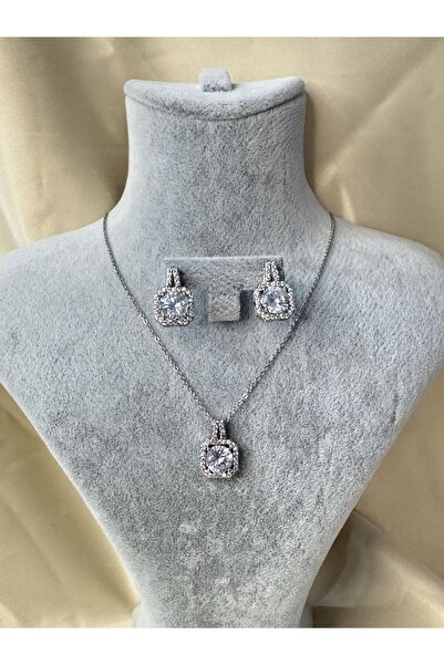 SİRİUS JEWELRYS Pırlanta Baget Kolye ve Küpe Çelik Set