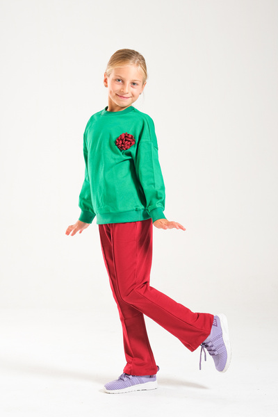 Classio Kids Girl's 100% Cotton Owersize Sweat and Lycra Two Thread Grass Detail Pants Set