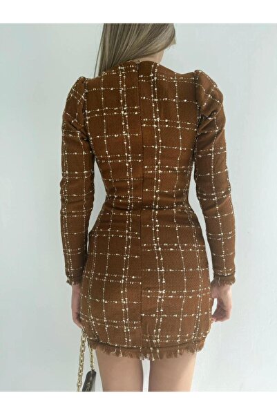 Genel Markalar Kare Yaka Tüvit Mini Elbise 1086 - Kahve