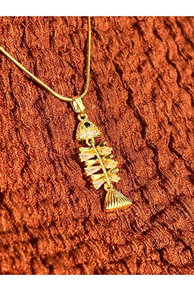 Stony Fish Skeleton Necklace Gold Plated Stainless Steel Elegant Women Jewelry 316L