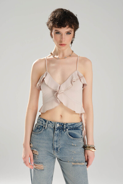 tw3 Women's Strap Ruffle Detailed Design Crop Blouse