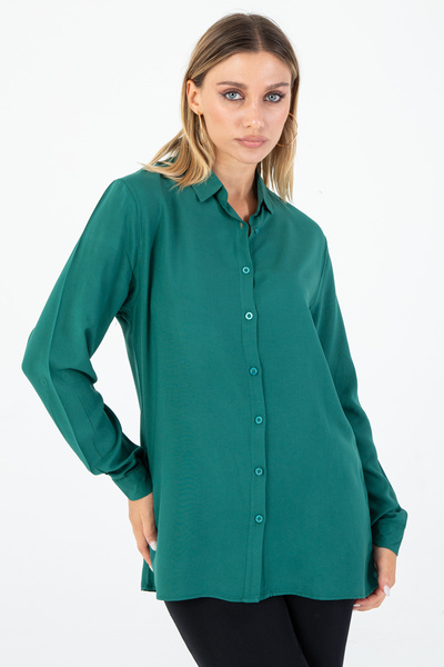 Nuevo Γυναικείο Σμαραγδί Πράσινο Βασικό Μακρυμάνικο Κομψό Πουκάμισο με Κουμπι...