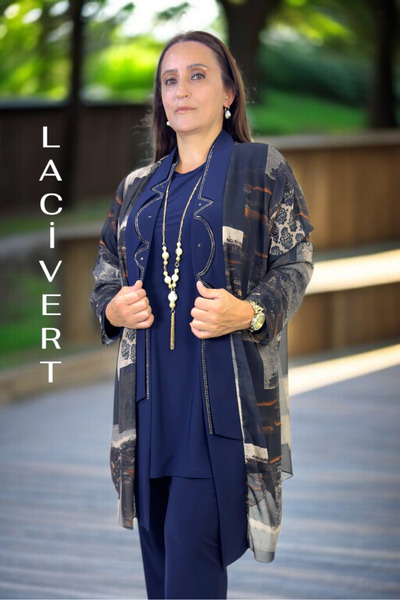 yagmurberen Stone Embroidered Shawl Collar Cut Chifon Jacket Cycling Collar Short Sleeve Bluse Waist Elastic Pants 3-Piece Set