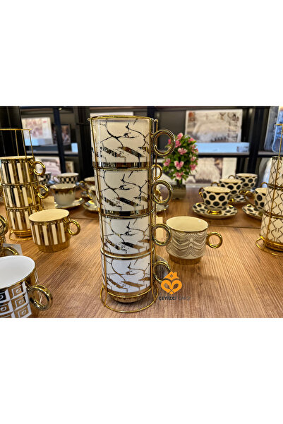 ÇEYİZCİ ÇARŞI ARADIĞIN HERŞEY TEK TIKLA 4 Kişilik Porselen Fincan Takımı – Metal Standlı Şık Kahve & Çay Seti