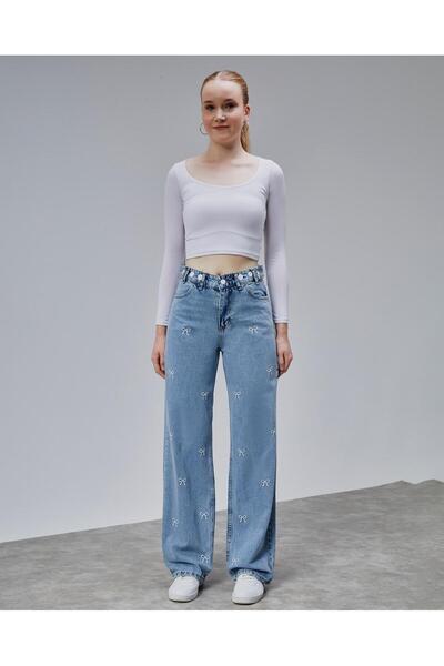 Butik Ribbon Embroidered Button Detail Jean Pant