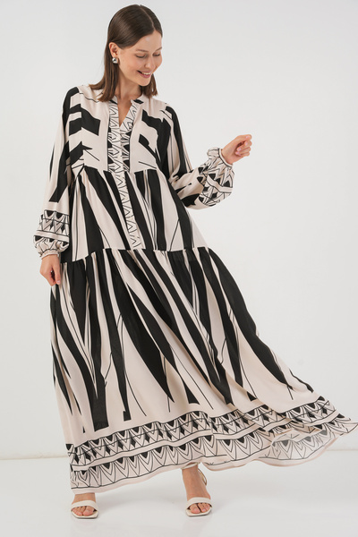 Merterium Women's Patterned Long Hijab Dress F.Black 1155