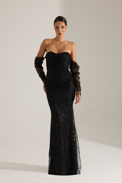 BETTY & SAM Lineta Boncuk SİYAH Gece Elbisesi