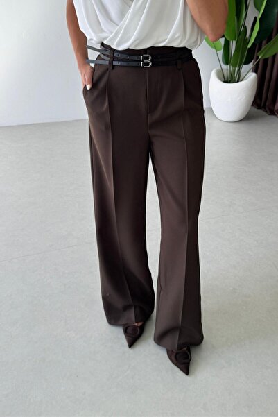 ECEMİ Polie Kahve Çift Kemerli Palazzo Pantolon
