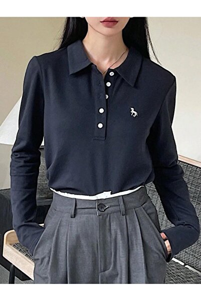 Gofeel Lacivert Tek Boynuzlu At Baskılı Polo Yaka Düğmeli Uzun Kol Tshirt