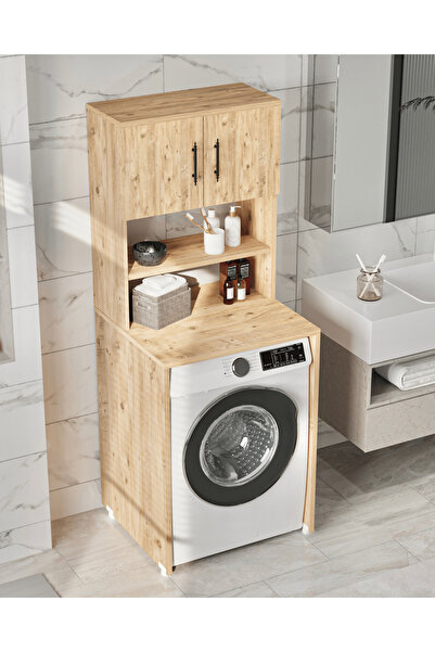 Reyo Enda Home Çamaşır Makinesi Dolabı 3 Raflı Kapaklı Banyo Dolabı Atlantik Çam