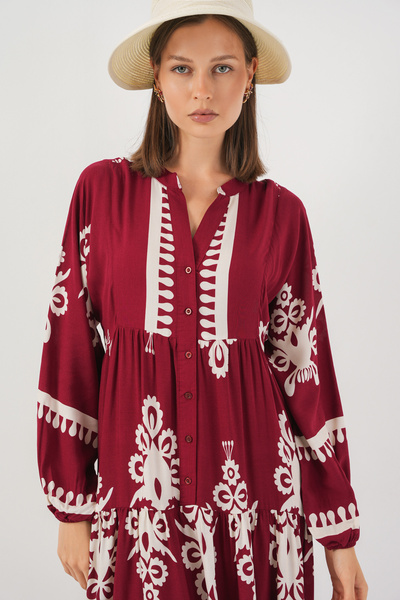 Merterium Women's Patterned Long Hijab Dress A.Burgundy 1155